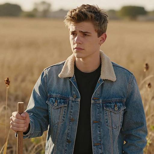 Young Man in Denim Jacket Posing in Golden Field Outdoors