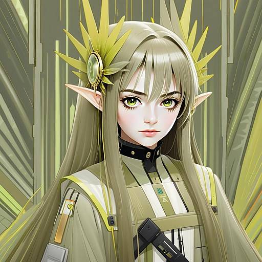 Fantasy Anime Elf Woman in Futuristic Uniform with Golden Headgear