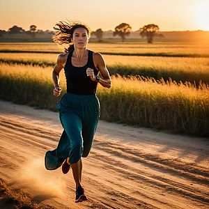 Determined woman running on dirt road at golden hour