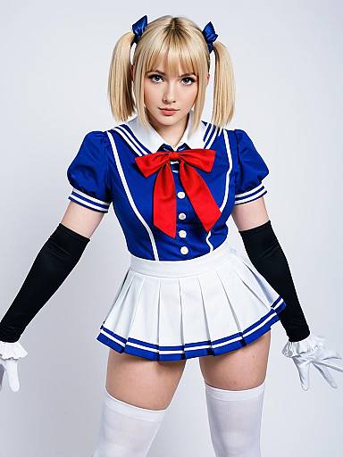 Woman in Blue Sailor-Style Anime Costume with Red Bow