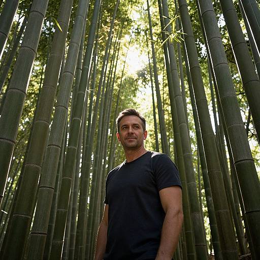 Man Standing in Sunlit Bamboo Forest