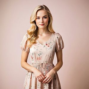 Young Woman in Floral Dress Against Pink Background