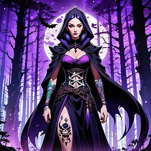 Confident Woman in Gothic Cloak in Eerie Forest with Full Moon