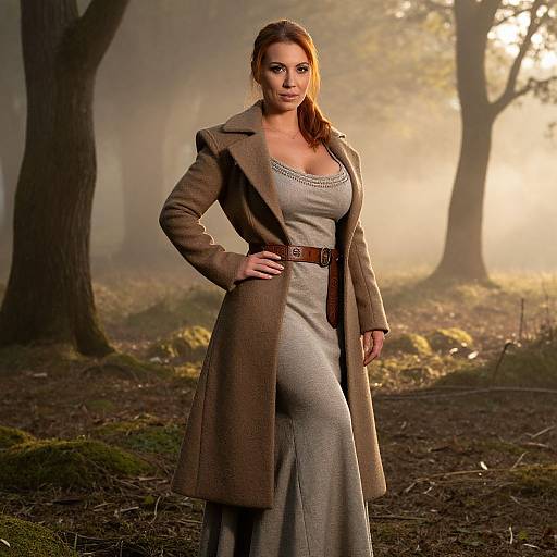 Confident Woman in Beige Coat and Grey Dress in Misty Forest