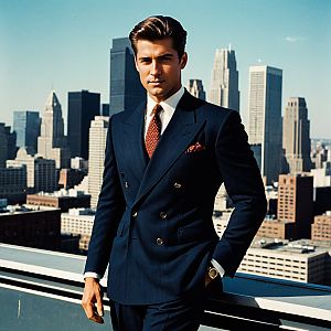 Confident Man in Navy Suit on Rooftop with City Skyline