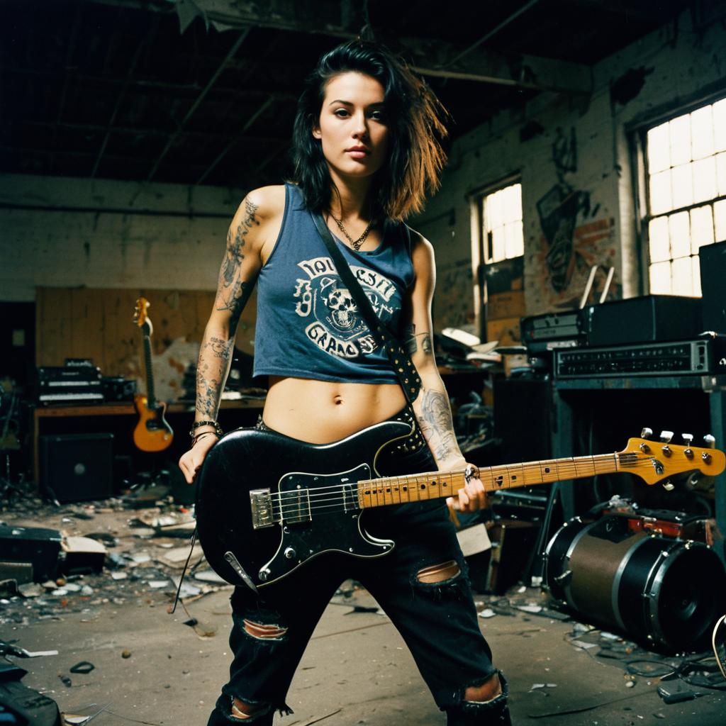 Edgy Grunge Woman with Electric Guitar in Abandoned Warehouse