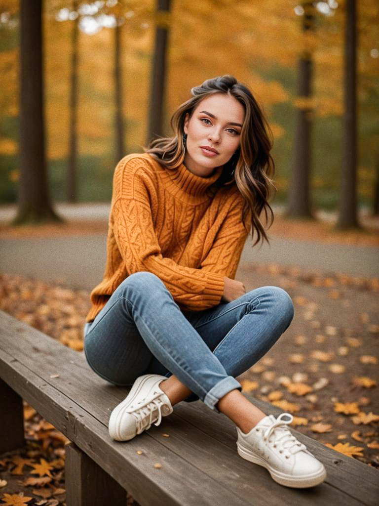 Stylish Woman in Cozy Sweater Among Autumn Foliage