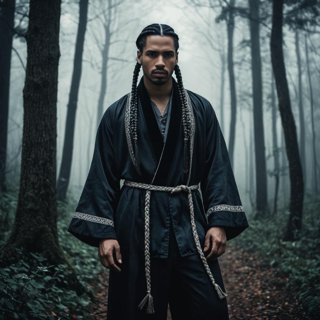 Man in Traditional Robe in Foggy Forest Man in Traditional Robe in Foggy Forest