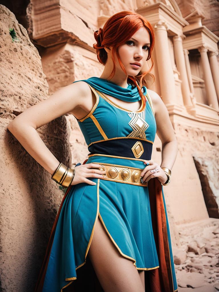 Realistic Petra Leyte Cosplay Woman in Detailed Costume with Ancient Stone Background