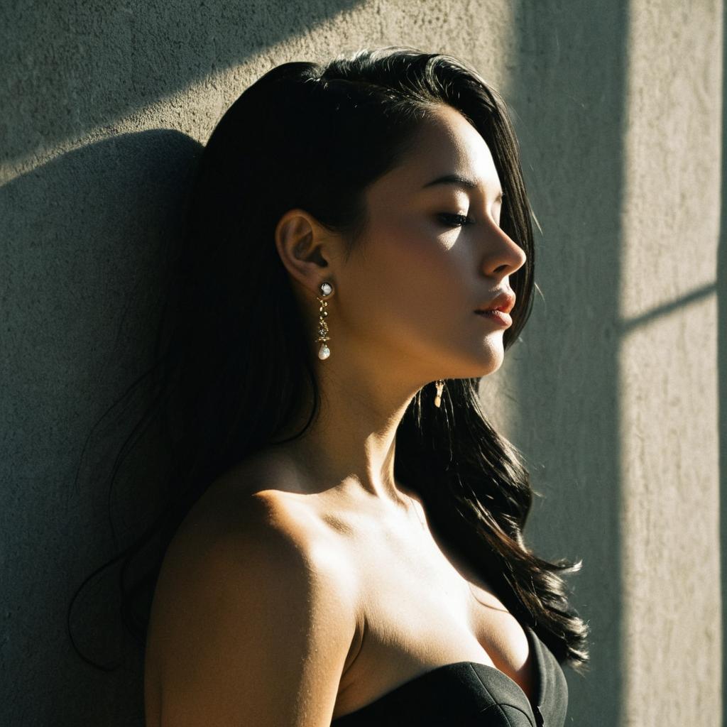 Elegant woman in profile against textured wall