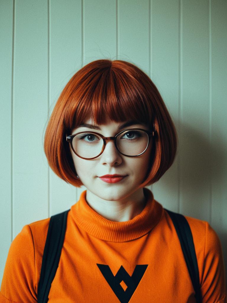 Photorealistic Velma Cosplay Portrait of Woman With Glasses