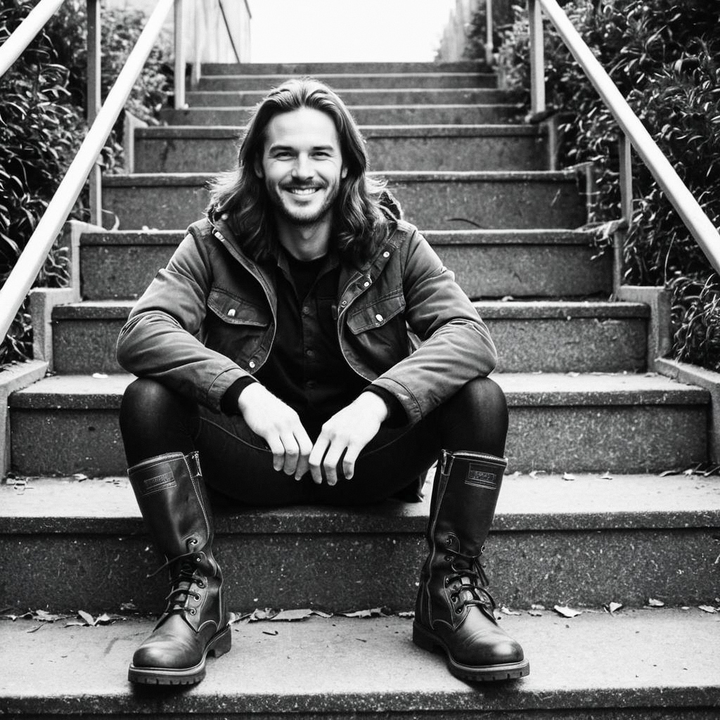 Man with Long Hair and Beard Sitting on Steps