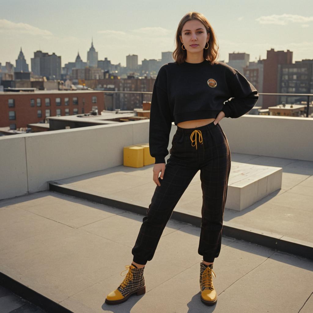 Stylish Woman in Urban Fashion on Rooftop