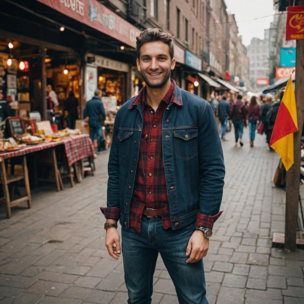 Smiling Man in Denim Jacket on Urban Street