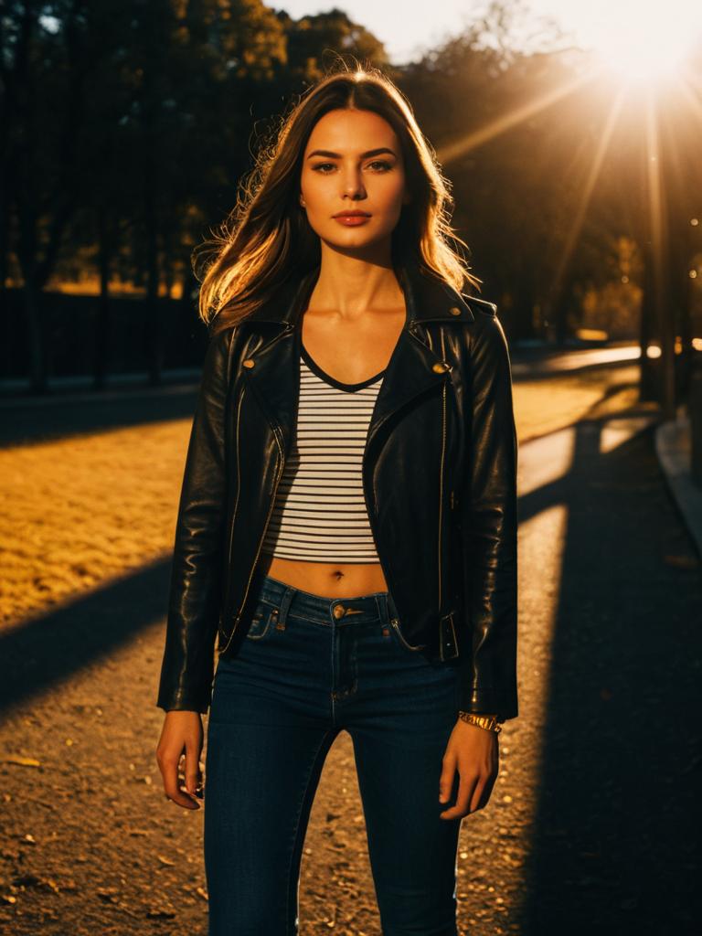 Woman Wearing Casual Black and White Striped Short Sleeve T-Shirt with Leather Jacket