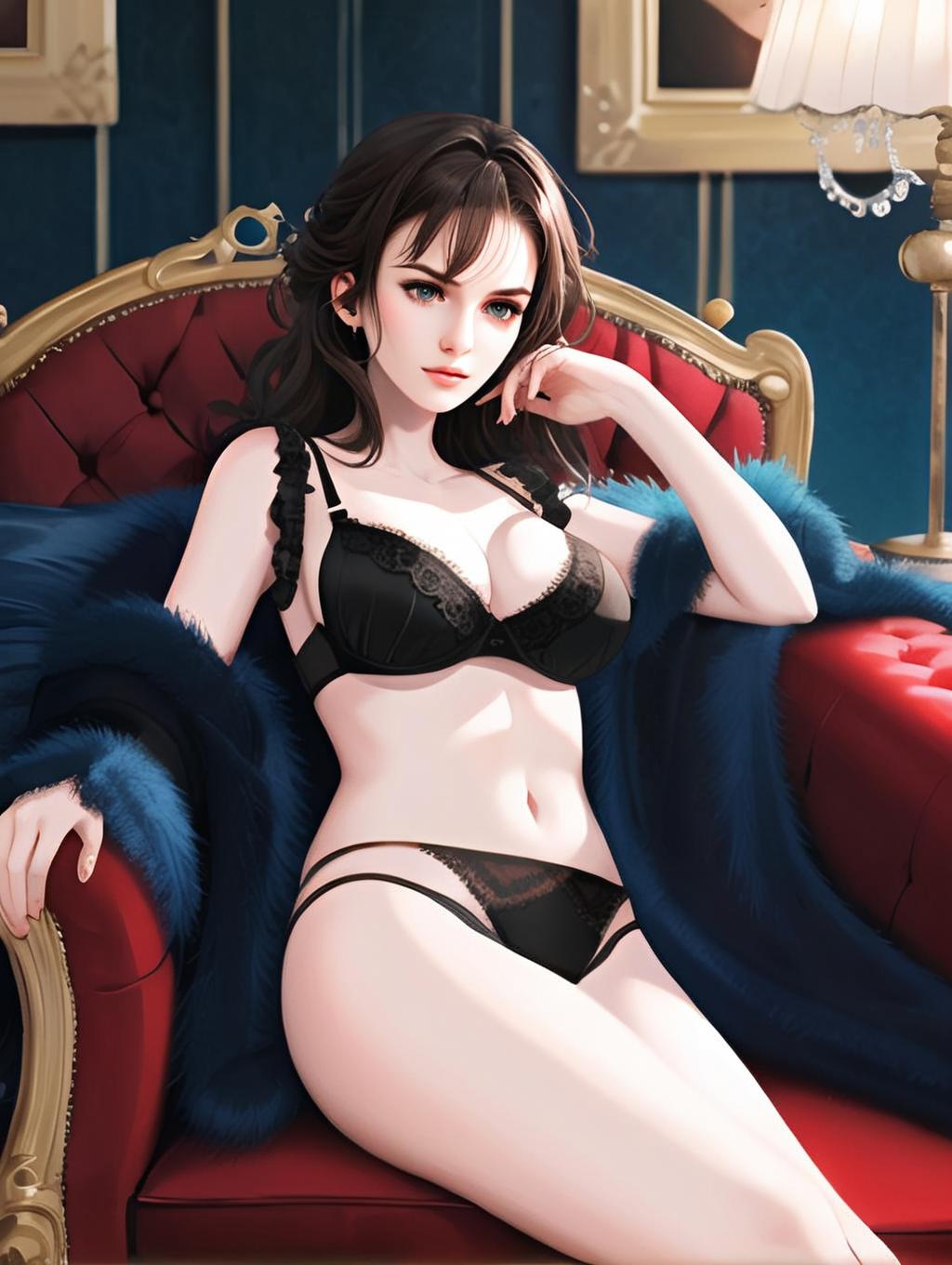 Elegant Anime Woman in Black Lingerie Sitting on Vintage Red Armchair