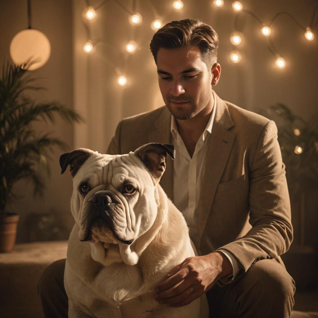 Man in suit with bulldog in warmly lit room