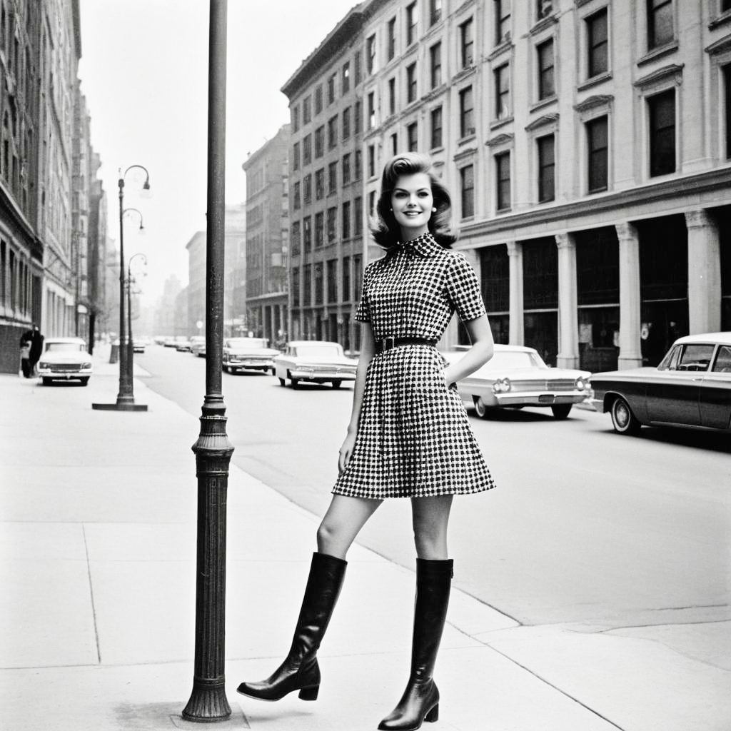 Stylish Woman in Houndstooth Dress on City Street