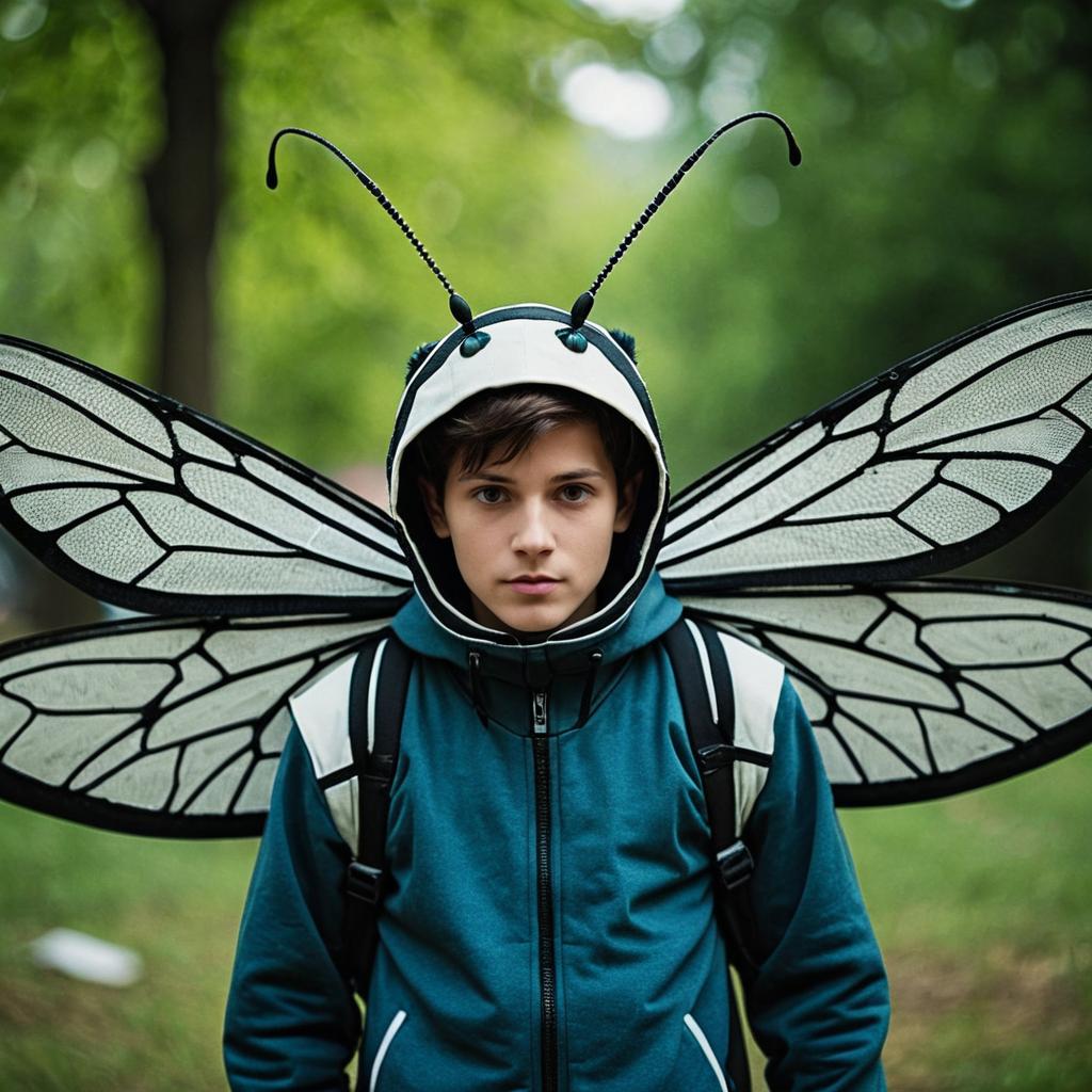 Young Man in Insect Fancy Costume with Wings Outdoors