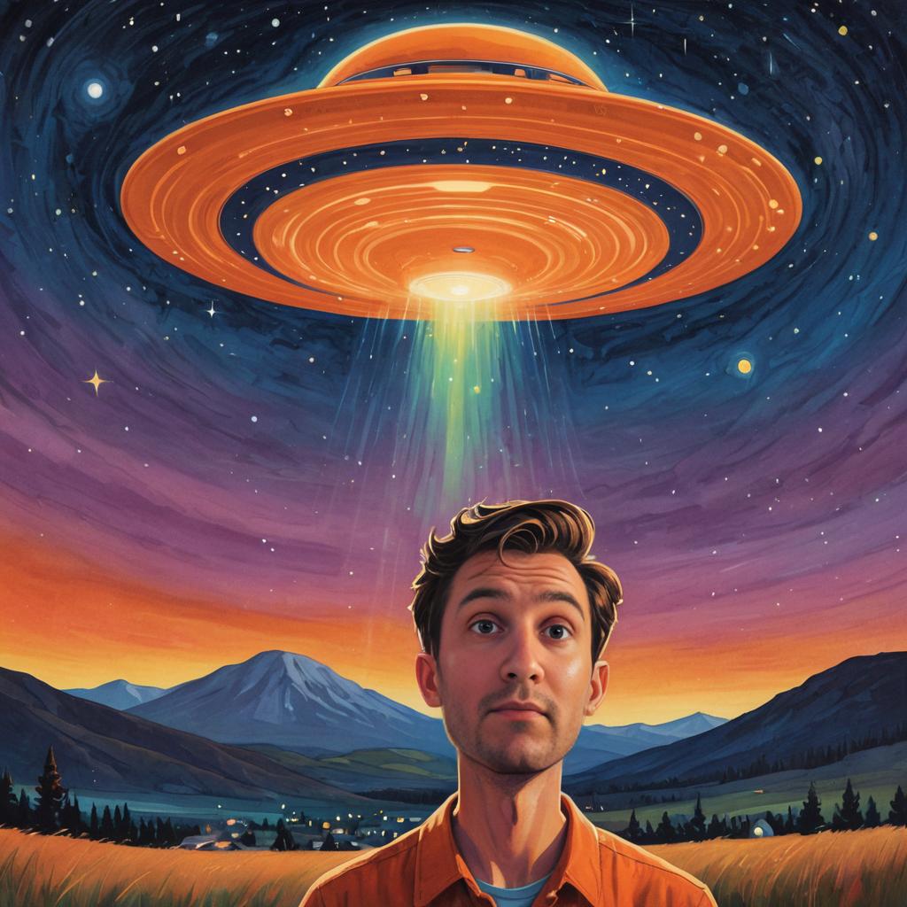 Man gazing at a glowing cartoon UFO in a vibrant night landscape