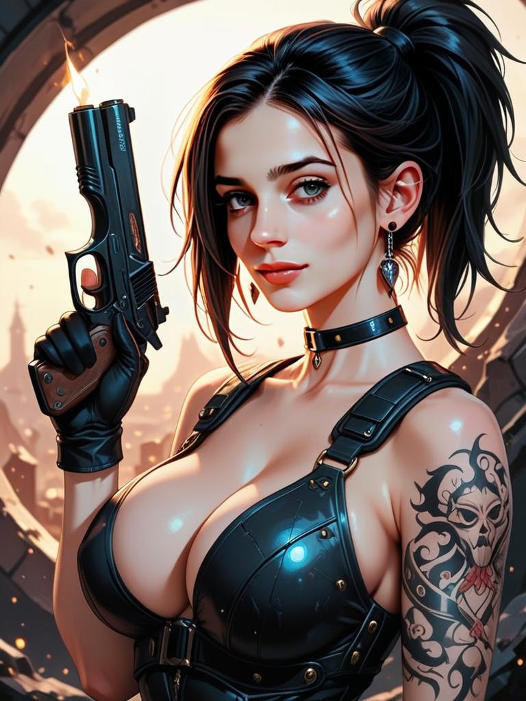 Confident Woman in Leather with Handgun