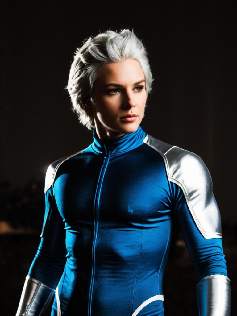 Realistic Man Cosplay Wearing Quicksilver Costume with White Hair