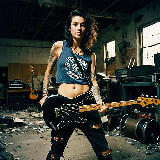 Edgy Grunge Woman with Electric Guitar in Abandoned Warehouse