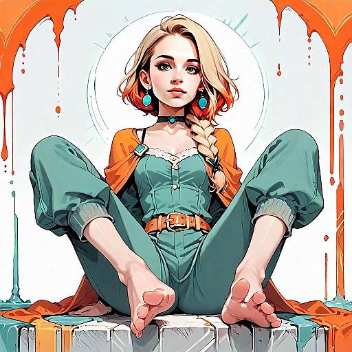 Stylized Digital Portrait of Young Woman in Teal Jumpsuit and Orange Jacket
