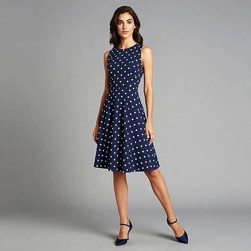 Woman in Vintage 1950s Style Navy Blue Polka Dot Dress