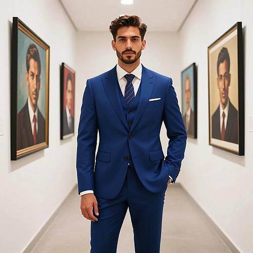Confident Man in Blue Suit Standing in Art Gallery Corridor