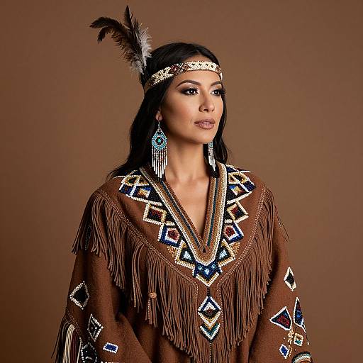 Native American Woman in Traditional Beaded Attire with Feathered Headband
