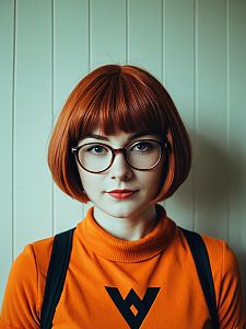 Photorealistic Velma Cosplay Portrait of Woman With Glasses