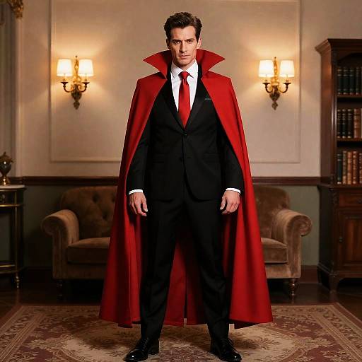Man in Villain Costume Wearing Black Suit and Red Cape Standing Indoors
