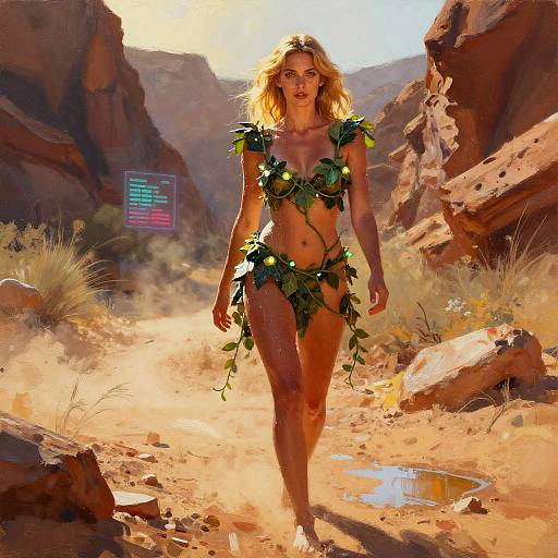 Woman Walking in Desert Canyon with Nature-inspired Outfit and Futuristic Elements
