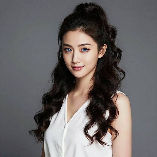 Gen Z Woman with Blue Eyes and Wavy Hair in White Blouse Portrait