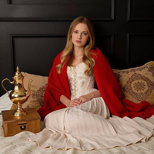 Elegant Woman in Vintage Dress with Red Shawl Sitting by Brass Teapot