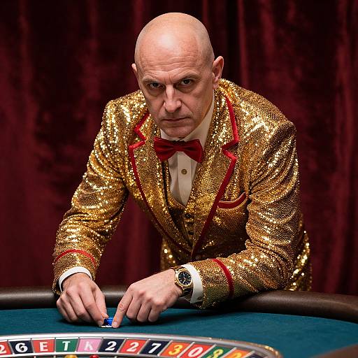 Man in Gold Sequin Jacket Playing Roulette in Casino