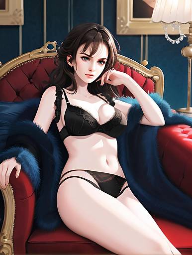 Elegant Anime Woman in Black Lingerie Sitting on Vintage Red Armchair
