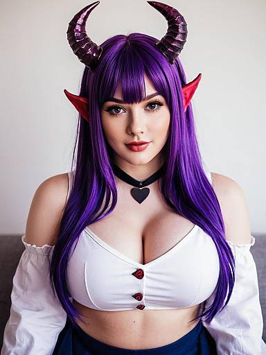 Woman in Purple Demon Horns and Fantasy Anime Costume with White Top