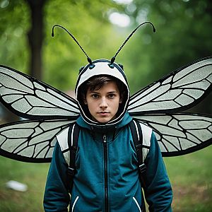 Young Man in Insect Fancy Costume with Wings Outdoors