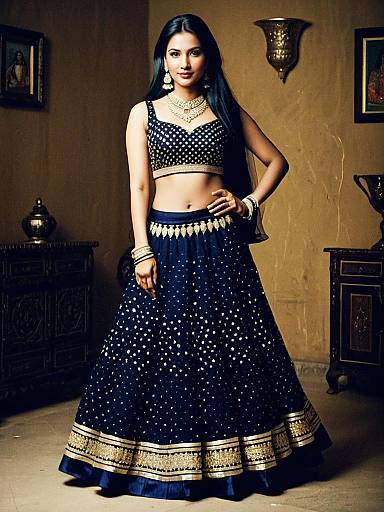 Elegant Navy Blue Lehenga with Gold Embroidery for Fancy Party Wear
