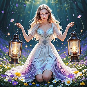 Woman in Flower Meadow at Twilight with Lanterns