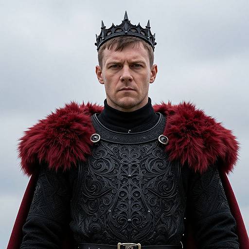 Man in Ornate Black Medieval Armor and Black Crown with Red Fur Cloak