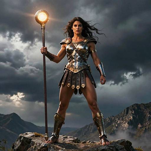 Warrior Woman Holding Glowing Staff in Fantasy Armor on Rocky Terrain