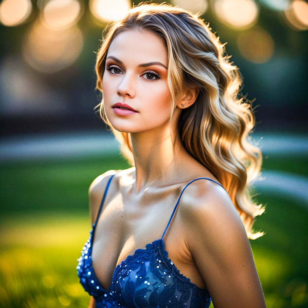 Elegant Woman in Sparkling Blue Dress Outdoors