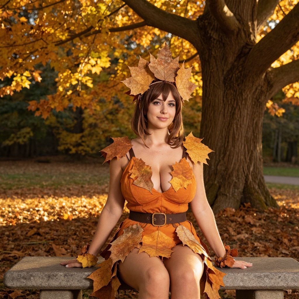 Woman in Autumn Leaf Costume Sitting on Bench in Park