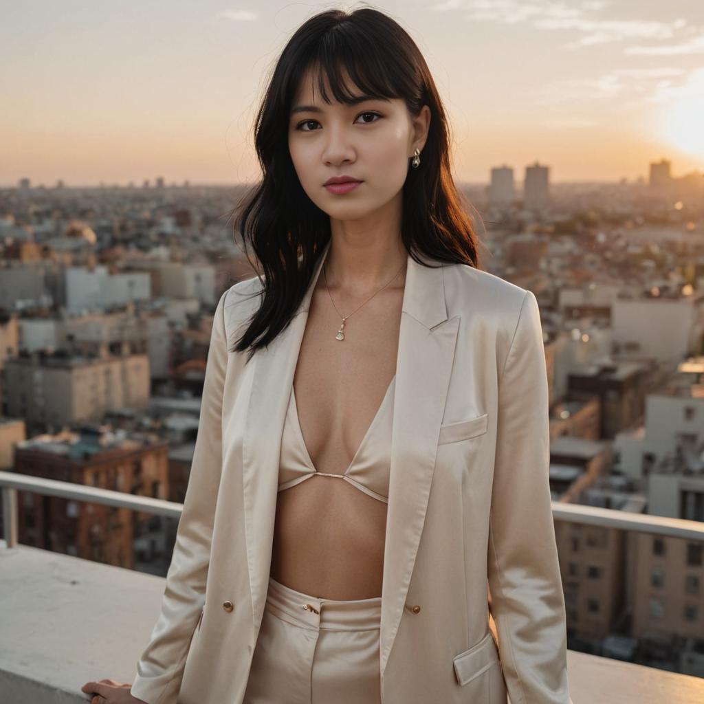 Stylish Woman in Beige Suit with City Skyline at Golden Hour