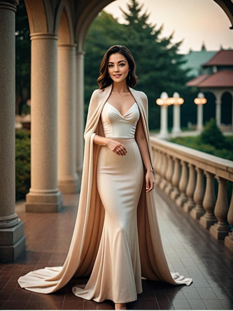 Elegant Woman in Floor-Length Gown on Historic Veranda