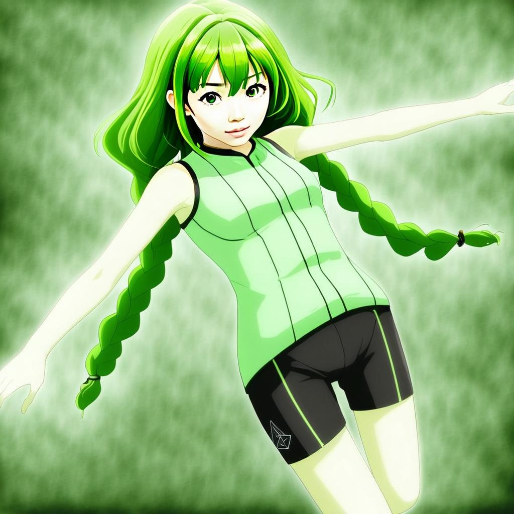 Anime Girl with Green Braided Hair in Sporty Outfit Digital Illustration