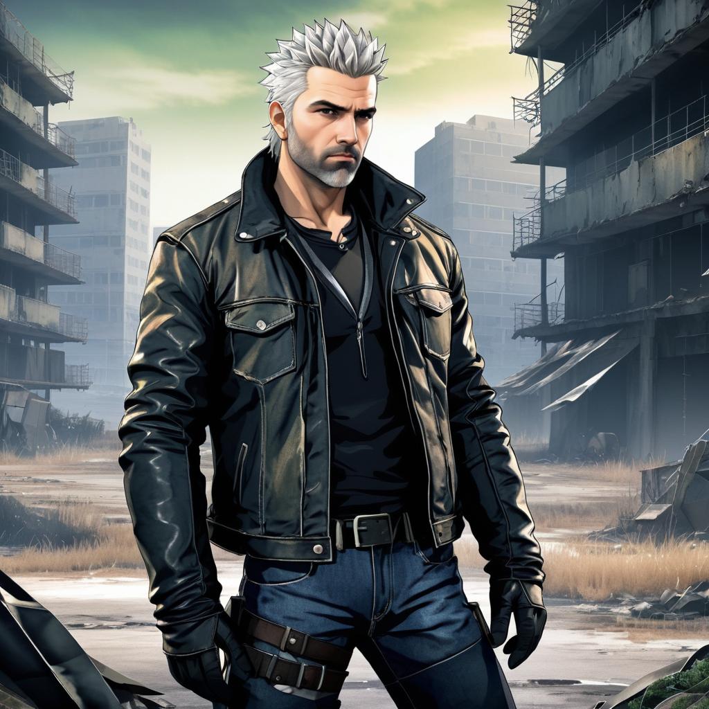 Rugged Man in Leather Jacket in Abandoned Urban Ruins